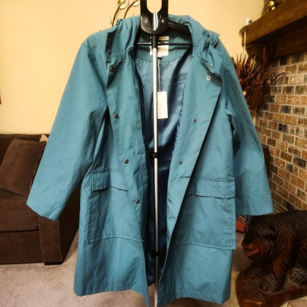 Long Teal Hooded Raincoat Jacket - Women - Picture 4 of 7